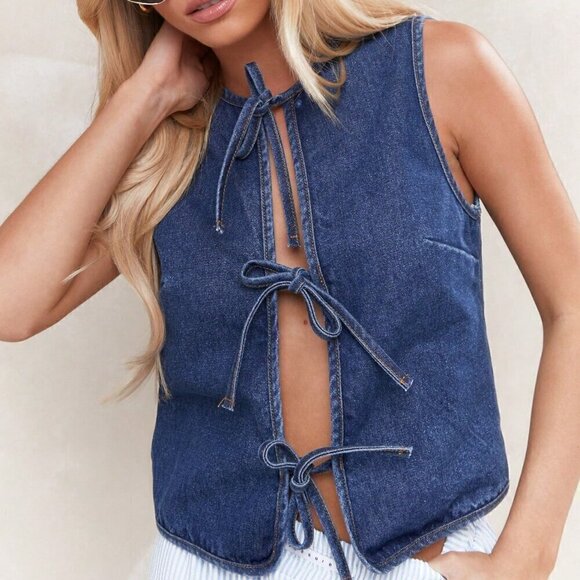 Blue Casual Women's Tie Detail Open Front Sleeveless Denim Top - Picture 3 of 4
